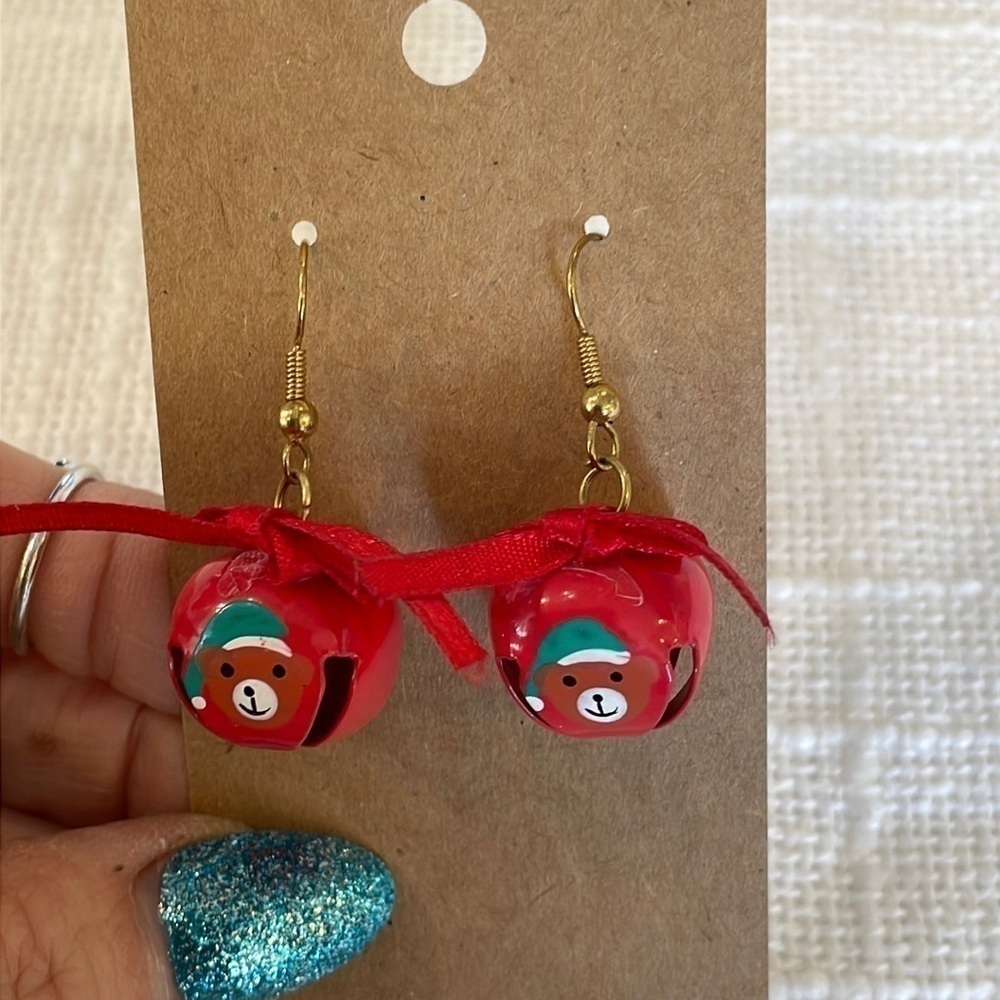 💐5/25 Christmas bear red bow jingle bells earrings holiday novelty